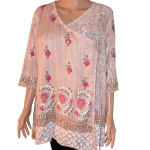 Generation Flo Floral Embroidered Kurta Tunic Top Size 14 Pink 3/4 Sleeve Womens